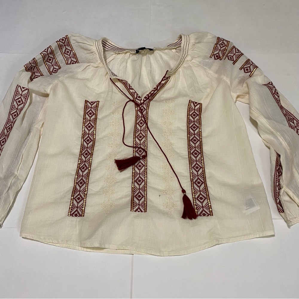 28. ⭐️American Eagle Outfitters Boho Cream Tie Front Blouse with Bib Collar - Picture 3 of 7